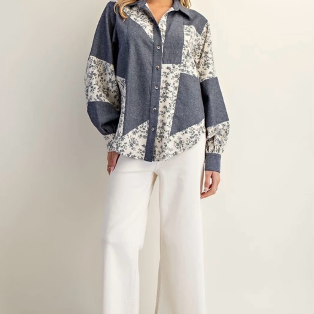 Color Block Button Down Denim Shirt - Picture 4 of 4